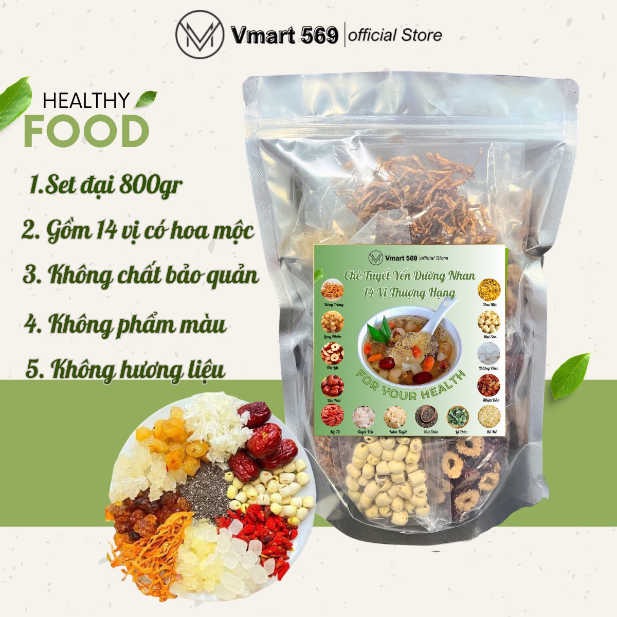 Chè dưỡng nhan 14 vị, set nấu chè dưỡng nhan 800gr nguyên liệu thơm ngon tươi mới