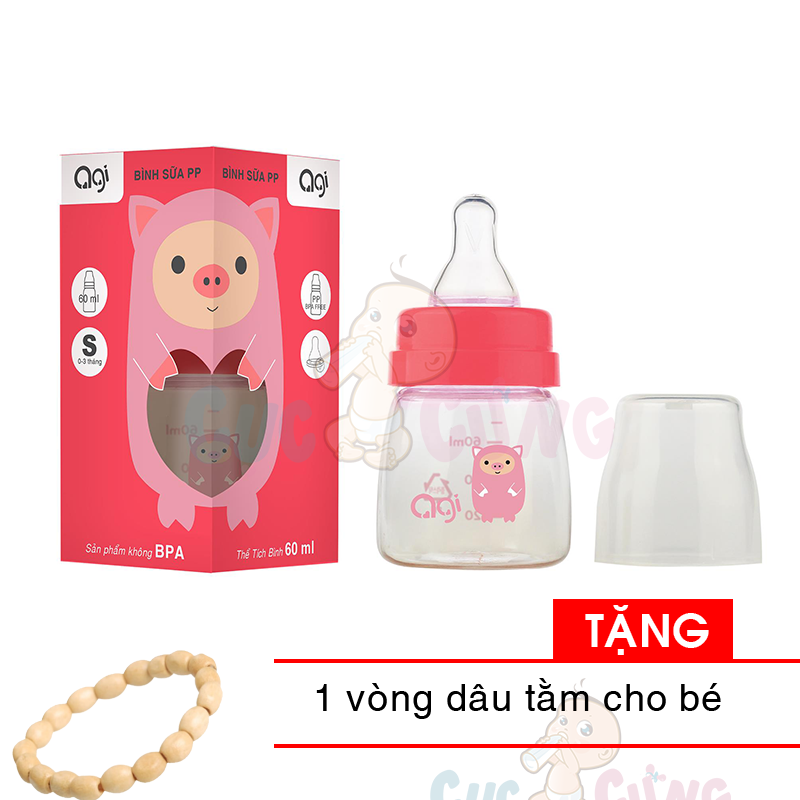 Bình sữa Agi nhựa PP cổ nhỏ 60ml (phiên bản mới) Tặng 1 vòng dâu tằm cho bé