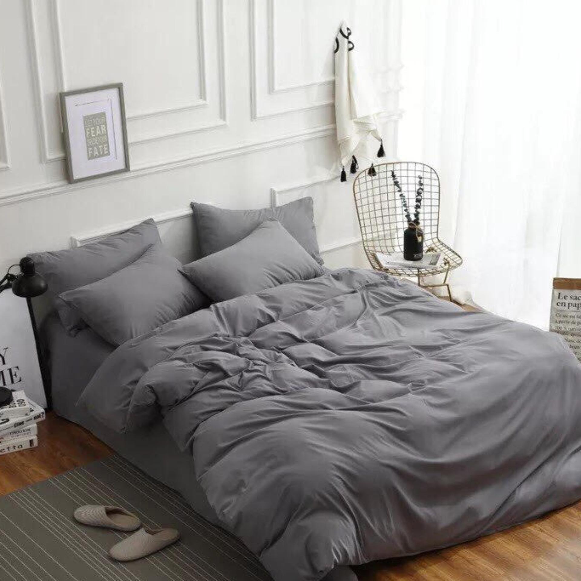Bộ chăn ga gối phong cách Hàn Quốc basic ghi + vỏ gối ôm