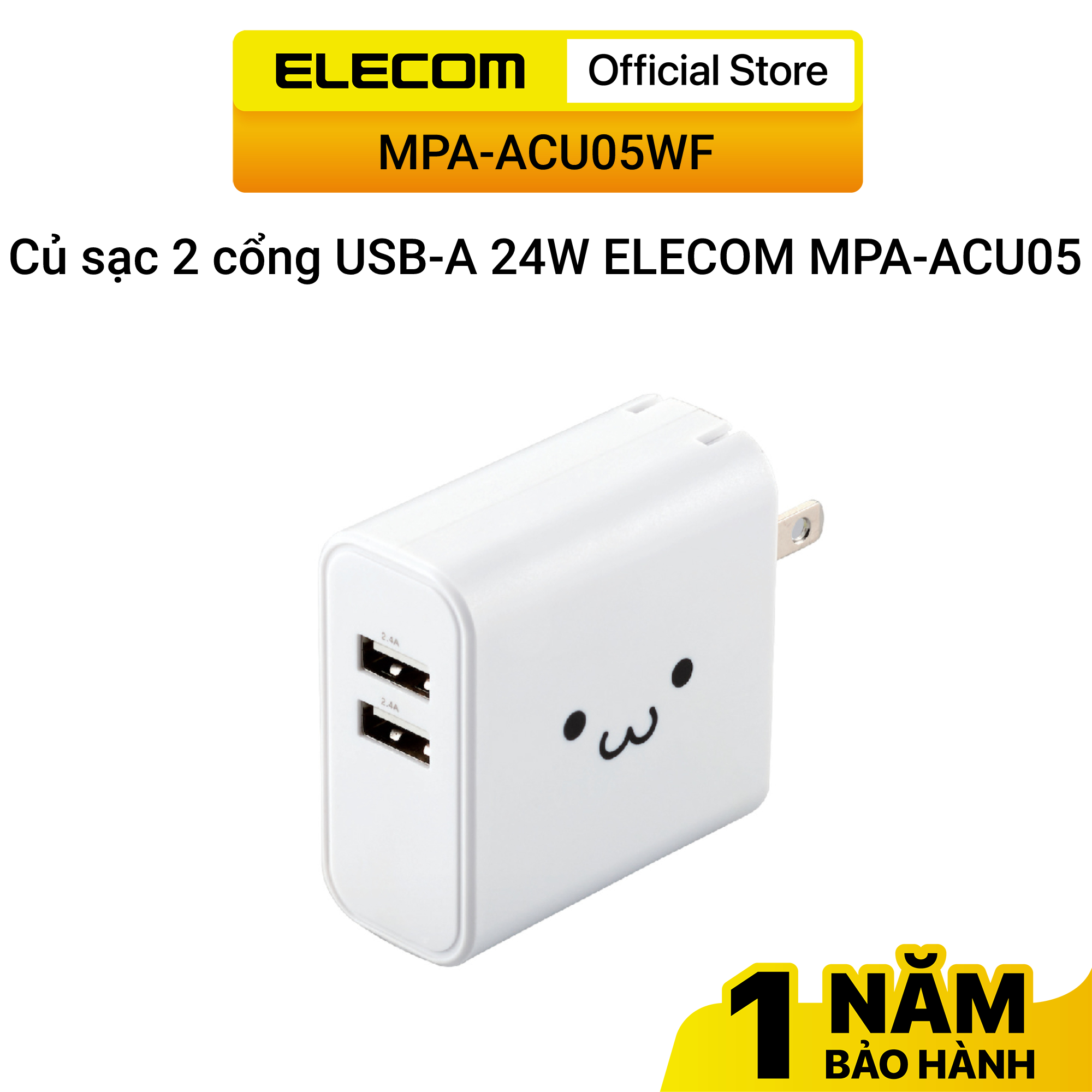 Củ sạc 2 cổng USB-A 24W ELECOM MPA-ACU05 - Hàng Chính Hãng