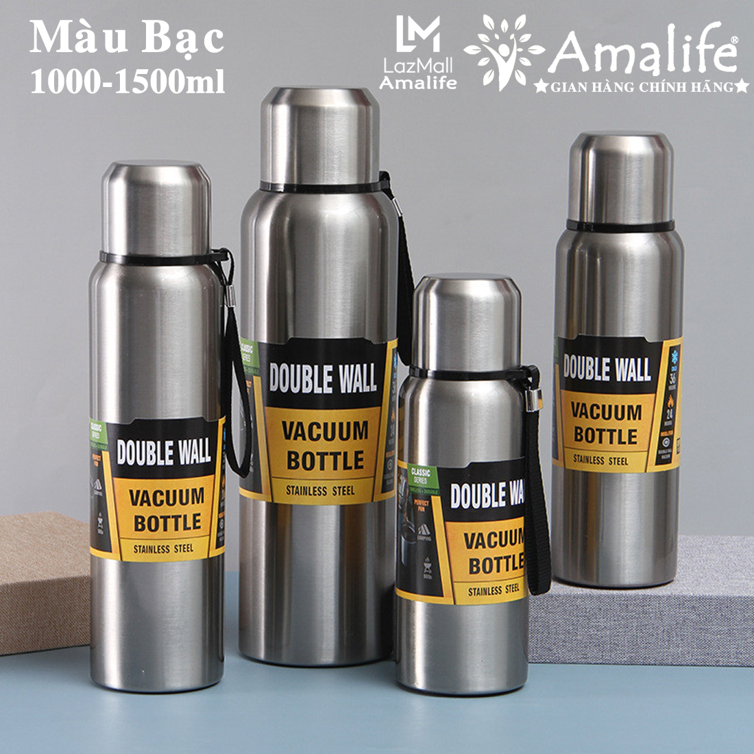 Bình Nước Giữ Nhiệt INOX Cao Cấp – Màu Bạc Nguyên Bản – Không Bong Tróc Sơn - 1000-1500ml - Bình Giữ Nhiệt 8 đến 12 Tiếng Có Nắp Uống Cute, Lưới Lọc Trà, Nắp Giữ Nhiệt Nóng Lạnh Chính Hãng Amalife