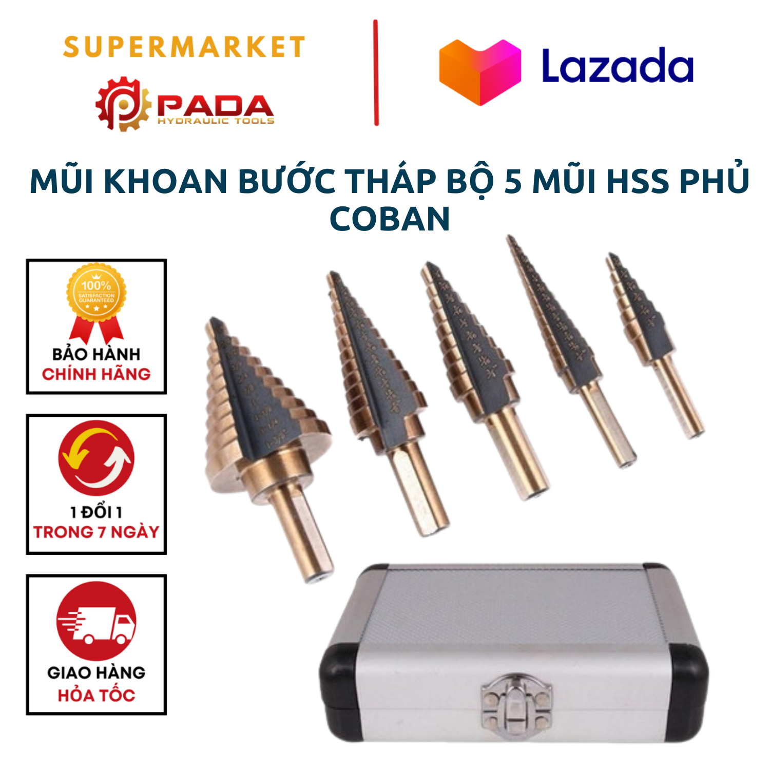 Mũi Khoan Bước Tháp Bộ 5 Mũi HSS Phủ Coban Cao Cấp-Khoan Inox