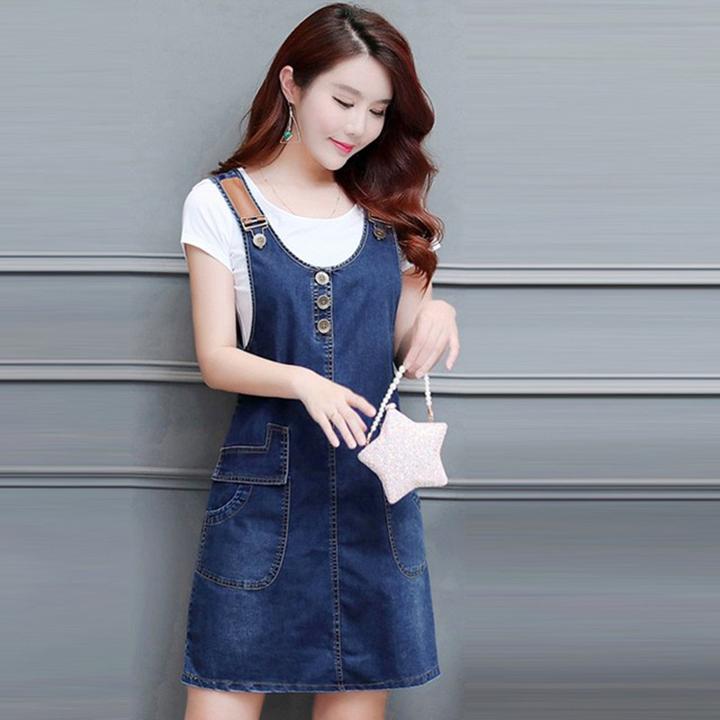 [HCM]Đầm Yếm Jean Nữ Phối Da Nút Ngực Duyên Dáng