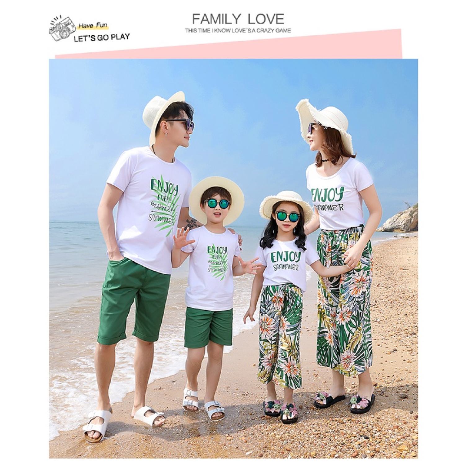 Bộ Quần Áo gia đình Familylove - Set Bộ Đồ đi biển cho cả nhóm và gia đình Enjoy Summer họa tiết hoa lá