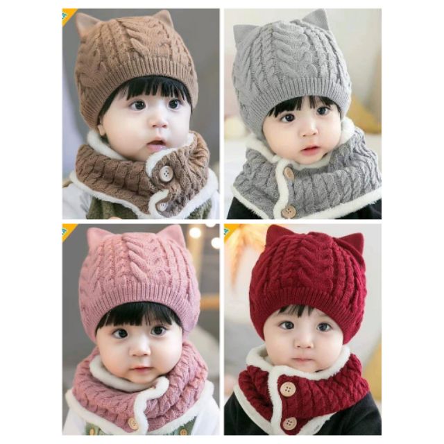Set mũ Len tai mèo kèm khăn cho bé