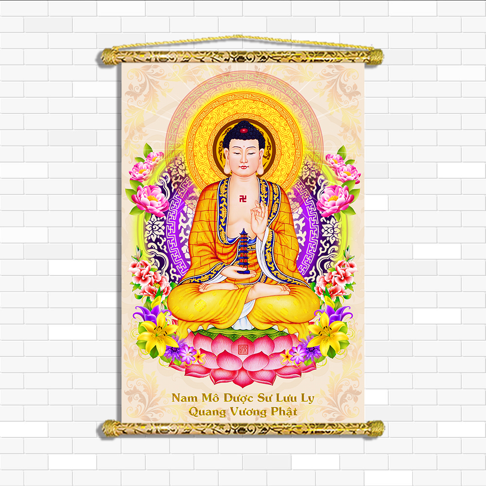 [HCM]Tranh Liễn Phật Giáo Tranh Canvas nẹp sáo gỗ - Dược sư Lưu Ly Kích Thước 50x75 cm tặng vòng tay móc khóa