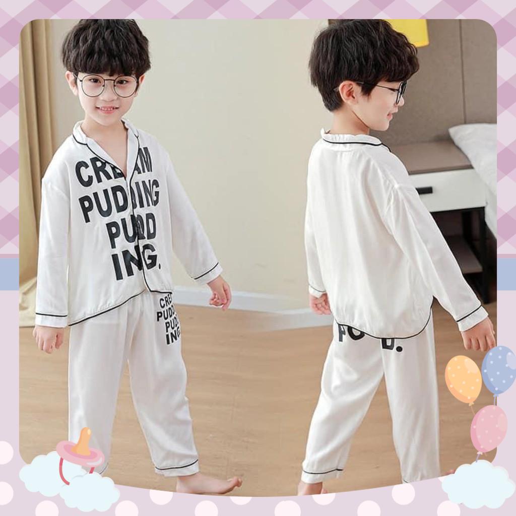 Bộ Quần áo Pijama Lụa mát phong cách cho bé trai , quần áo dai tay in chữ kiếu dáng cho bé từ 6 đến 28kg_Mẹ Sữa thời trang trẻ em
