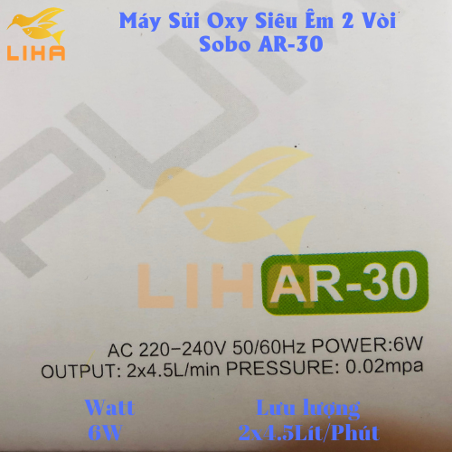 Máy Sủi Oxy 2 Vòi Sobo AR-30 (6W-2x4.5Lít/Phút) - Máy Oxi Siêu Êm Cho Bể Cá
