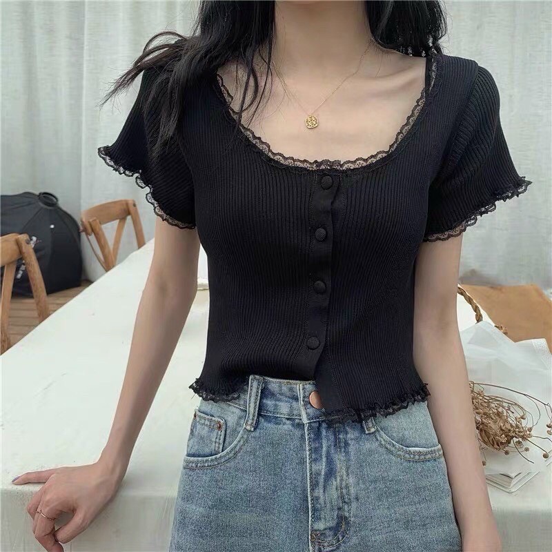 Áo Croptop Thun Gân Phối Ren Viền