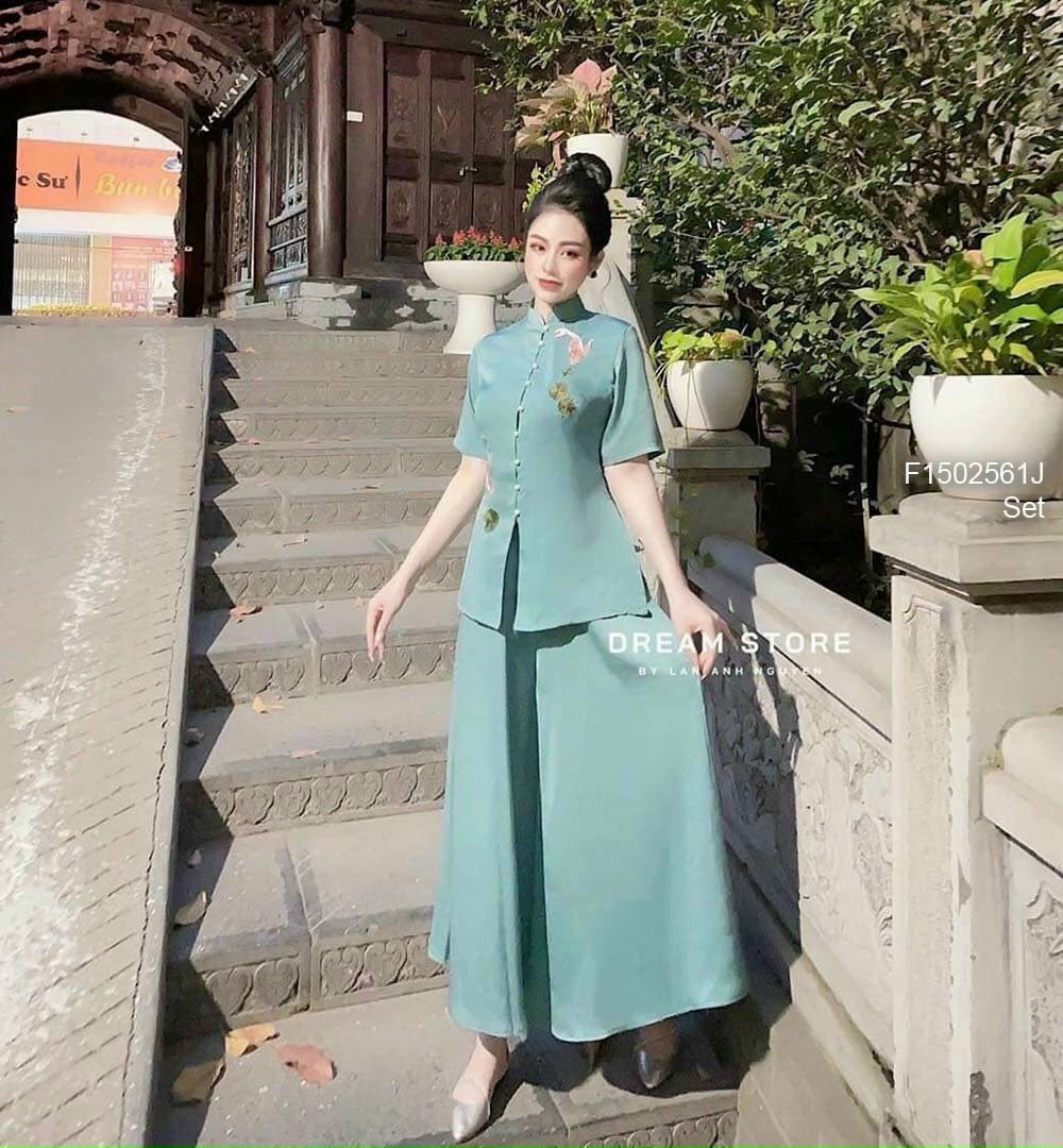 Sét bộ lam đi chùa thêu cá quần rộng siêu xinh TH