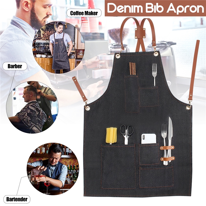 Denim Bib Retro Aprons Leather Strap Barista Barber Bartender BBQ tạp dề Chef Practical Multi-functional Workwear Uniform Clothes for Hairdressers Professional Work Clothes for Hairdressers Haircut Apron Household