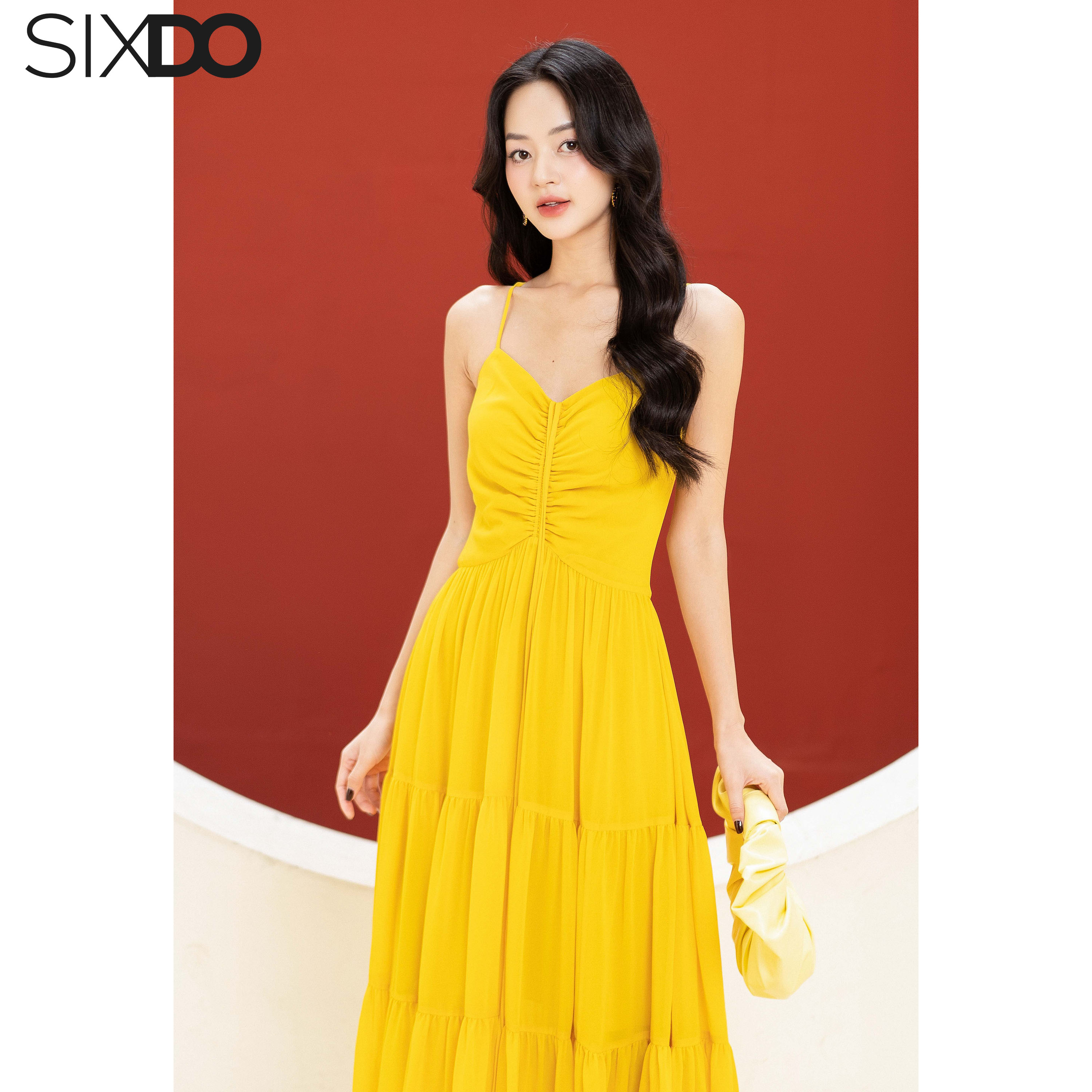 Đầm maxi chiffon hai dây SIXDO (Yellow Chiffon Maxi Dress)