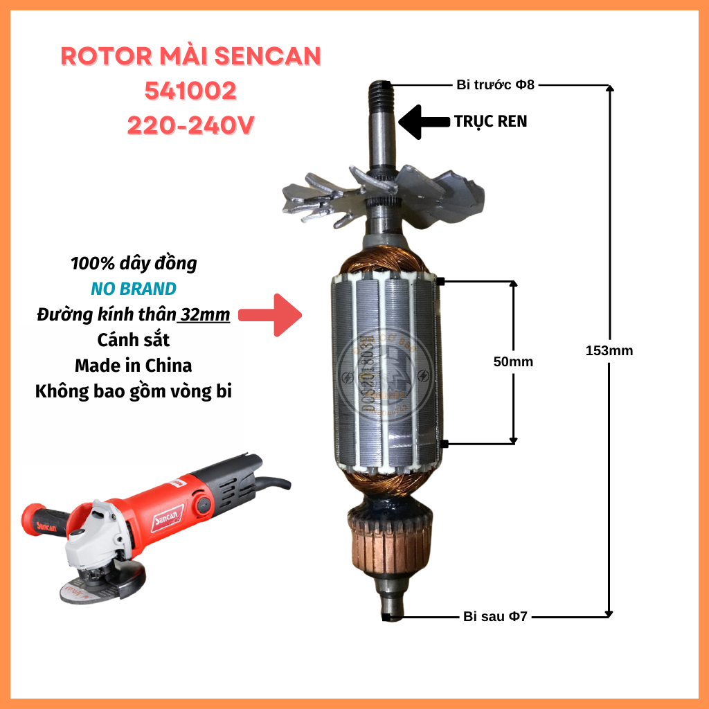 Rotor mài SENCAN 541002 Thân 32mm đầu ren 220V - Tặng chổi than