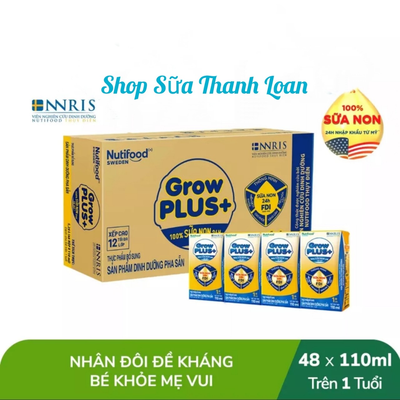 (HSD T3-2025) Thùng 48 Hộp Sữa Bột Pha Sẵn Nutifood GrowPLUS+ Sữa Non (Vàng) 110ml.