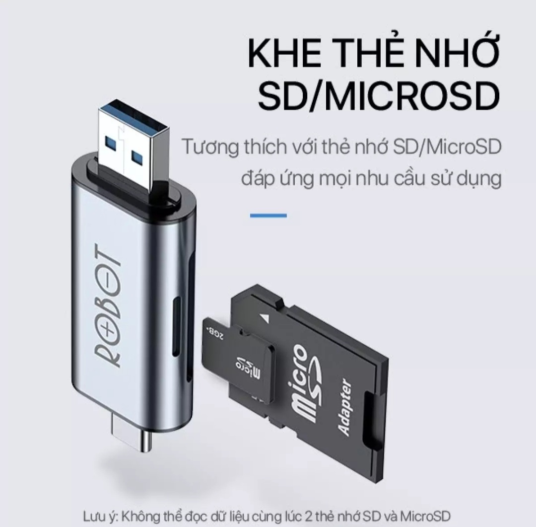 [New]Thiết Bị Đọc Thẻ Nhớ SD/ MicroSD ROBOT CR202 - 2 Đầu Type-C Và USB 3.0 -