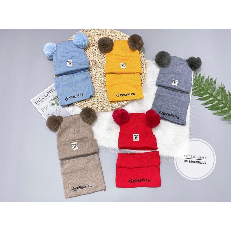 Set of 2 Cotton Wool Hats with Scarf for Babies