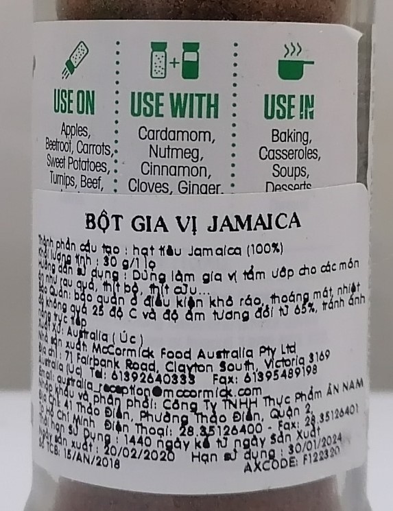[Lọ nhỏ 30g - ALLSPICE] BỘT GIA VỊ JAMAICA [Australia] MCCORMICK Allspice Ground (anm)