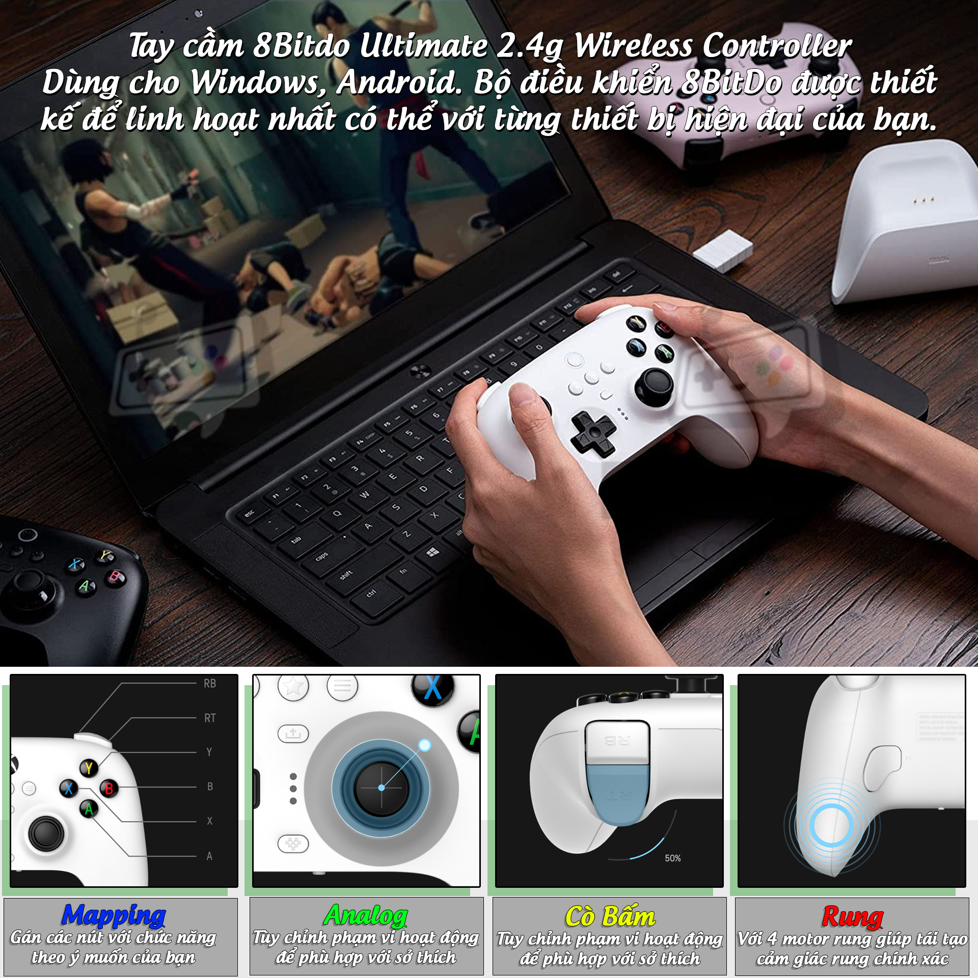 Tay cầm 8BitDo Ultimate 2.4G Wireless Controller kèm Dock Sạc cho Laptop, PC, Điện thoại Android