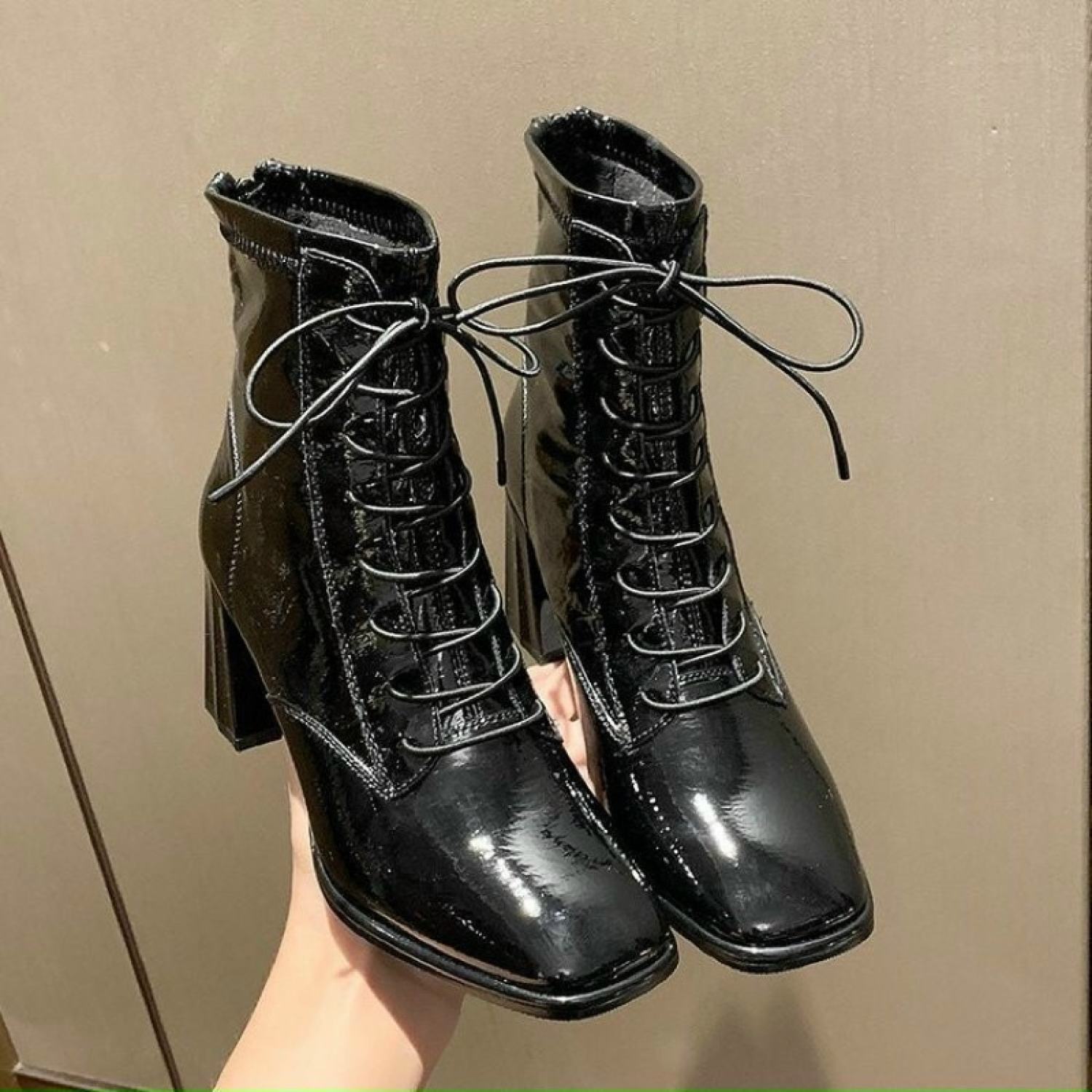 boot (bốt) dây buộc da bóng khoá sau (hàng QC full box) gót 7p