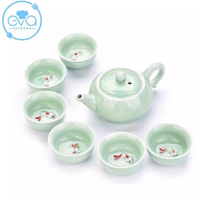 [HCM]Bộ Ấm Chén Trà Men Ngọc Cá 3D Xanh Nhạt