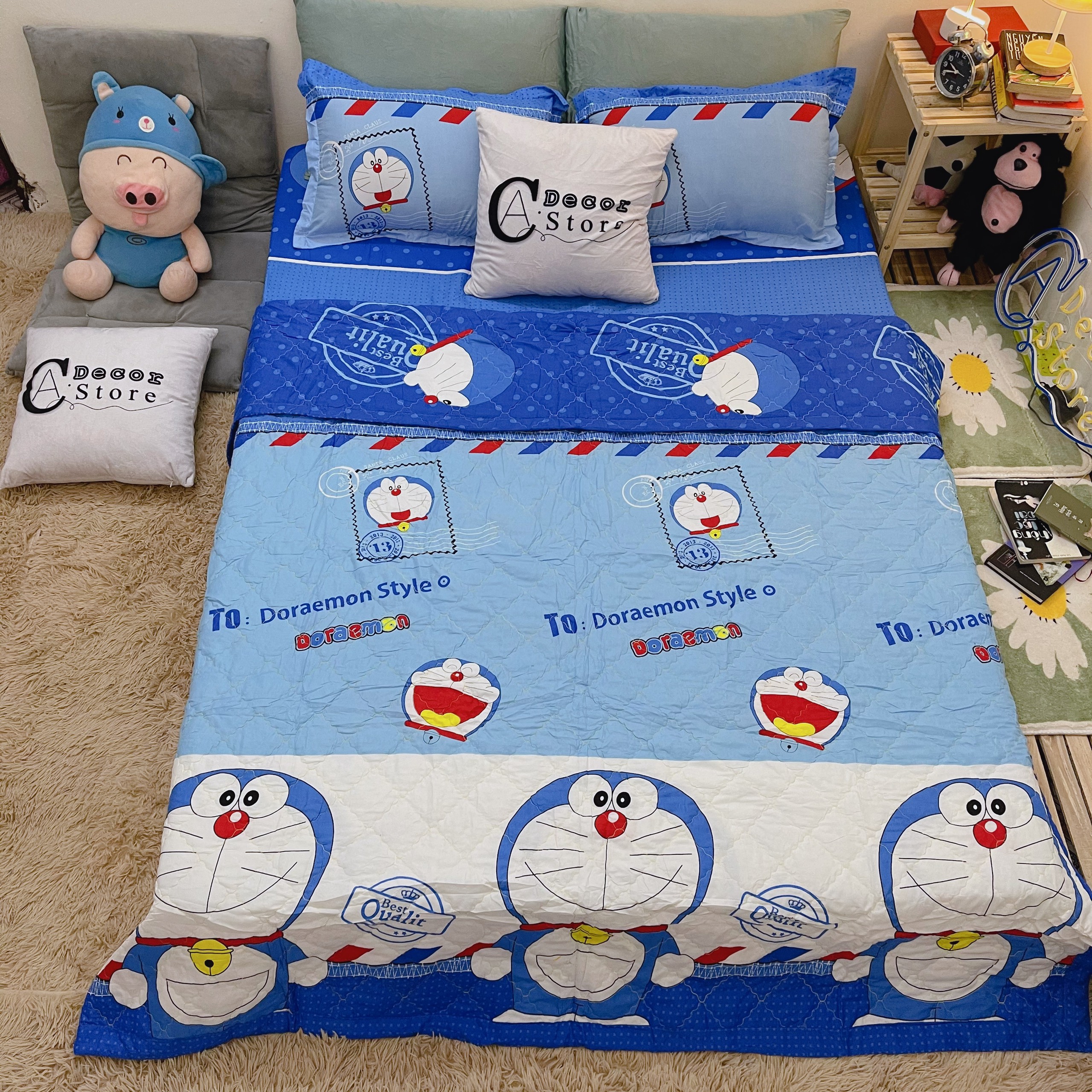 Bộ Chăn Ga Gối Cotton Poly Doraemon Lá Thư, Chất Liệu Thoáng Mát , Kích Cỡ Đa Dạng , By. C.A Decor Store