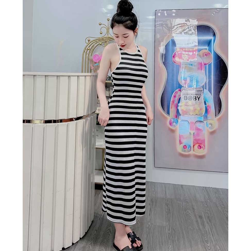 Đầm body sọc ba lỗ dài thun co giãn