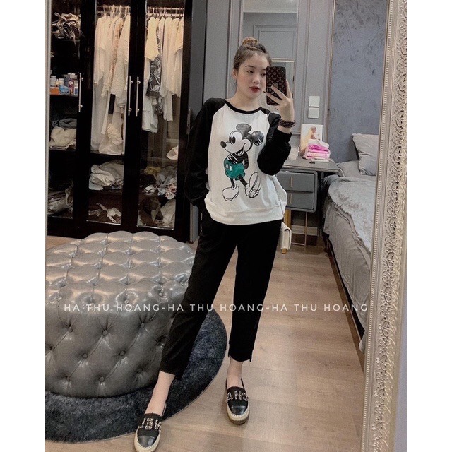 Bộ thu đông nữ phối đen trắng hình micky đáng yêu