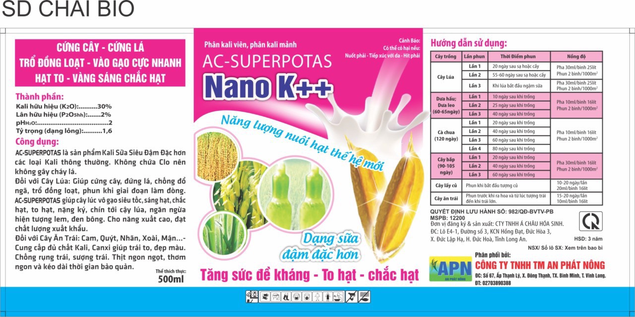Phân kali viên, kali mảnh NANO K++ dạng sữa (chai 500ml)
