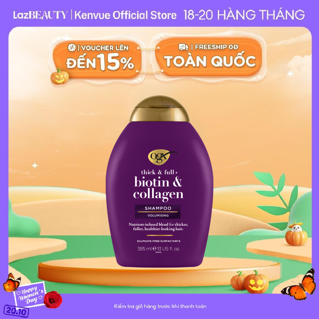 Dầu gội đầu OGX giúp tóc chắc khoẻ làm dày tóc/ ống mượt phục hồi hư tổn/ dành cho tóc xoăn vào nếp dung tích 385ml