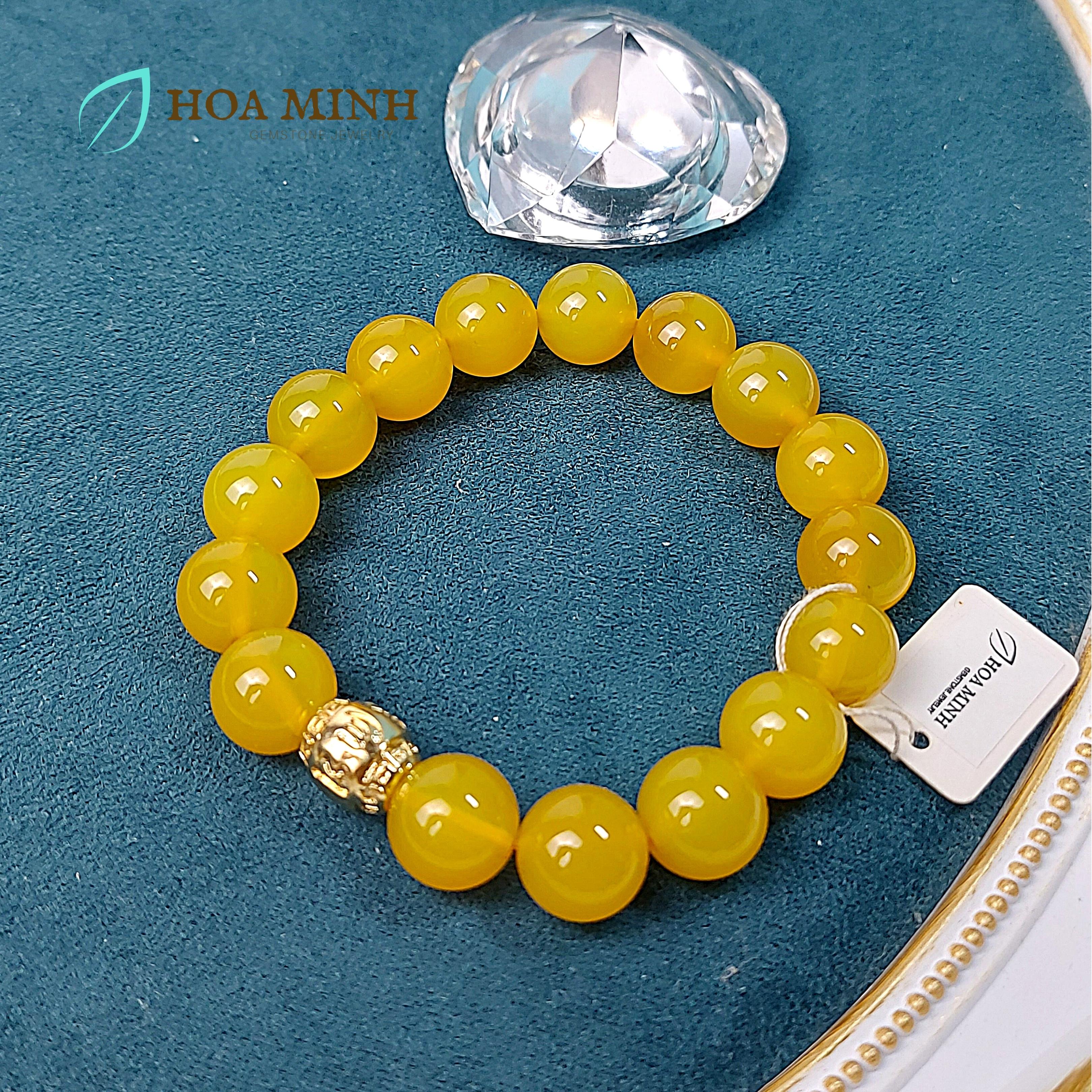 Vòng tay phong thủy đá Mã Não vàng hoàng gia 12 li mix Charm Lu Thống Vàng Thịnh Vượng | Hoa Minh Gem