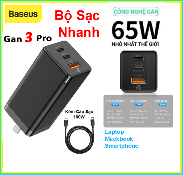 Bộ sạc nhanh Baseus GaN3 Pro Quick Charger 65W (Type Cx2 + USB , PD3.0/ PPS/ QC4.0 Cho Mackbook , Laptop , Smartphone