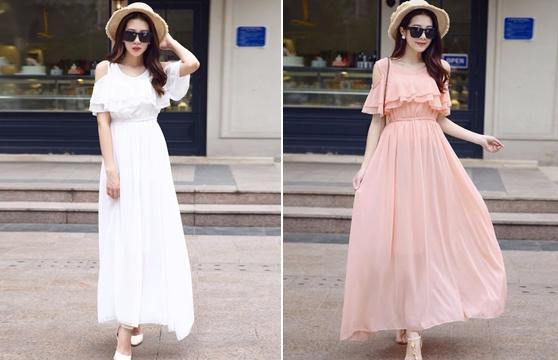 Đầm maxi rớt vai chiffon hồng dâu