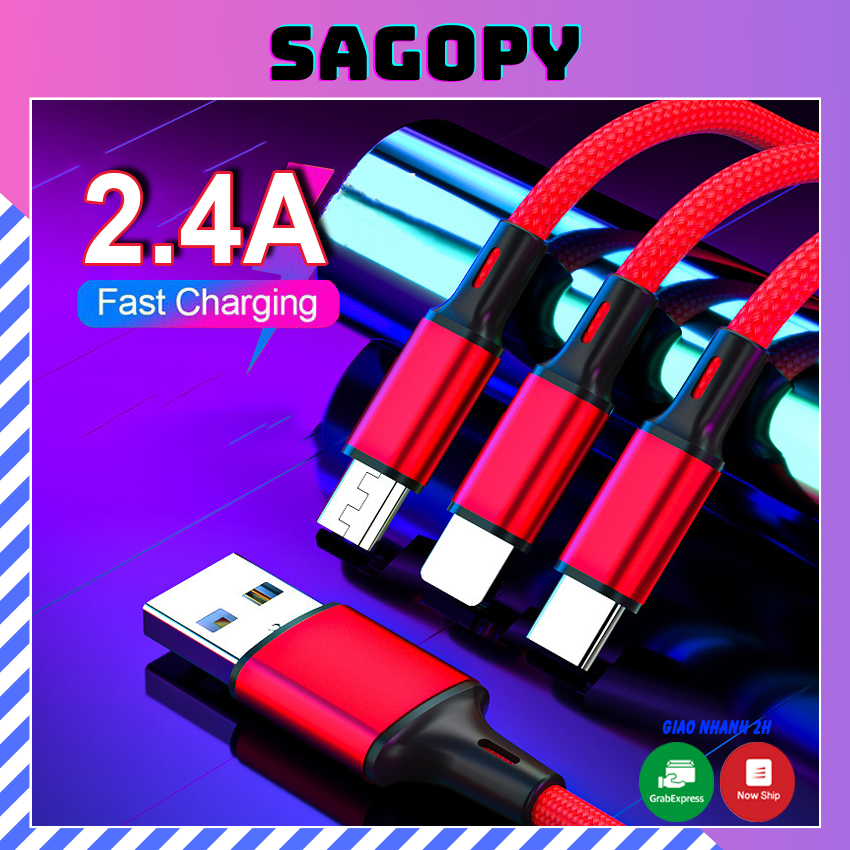 Dây cáp sạc nhanh 2.4A iphone Lightning, Samsung type C, Micro, dây cáp sạc điện thoại 3 đầu bọc dù Sagopy