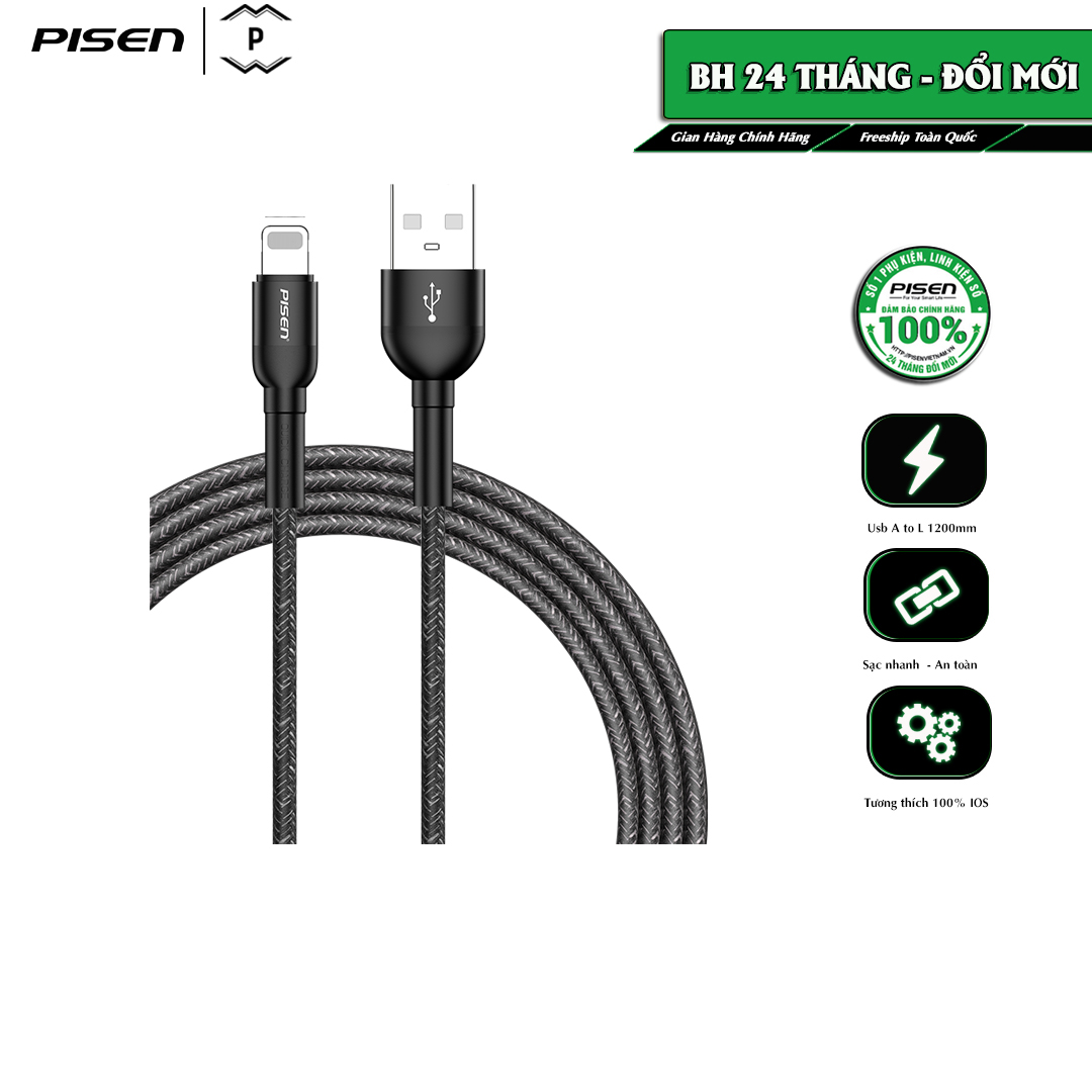 [20H 6/7 - 9.7 Nhập 77LAZSOCIAL80K Voucher giảm 12% đơn từ 250K tối đa 80K]Cáp PISEN Quick Lightning Wine Glass 2.4A 1200mm, model: LS-AL10-1200, dây nylon bện chống gãy gập, chống xoắn - Hàng chính hãng, bảo hành 24 tháng (gói Pisen CarePlus)