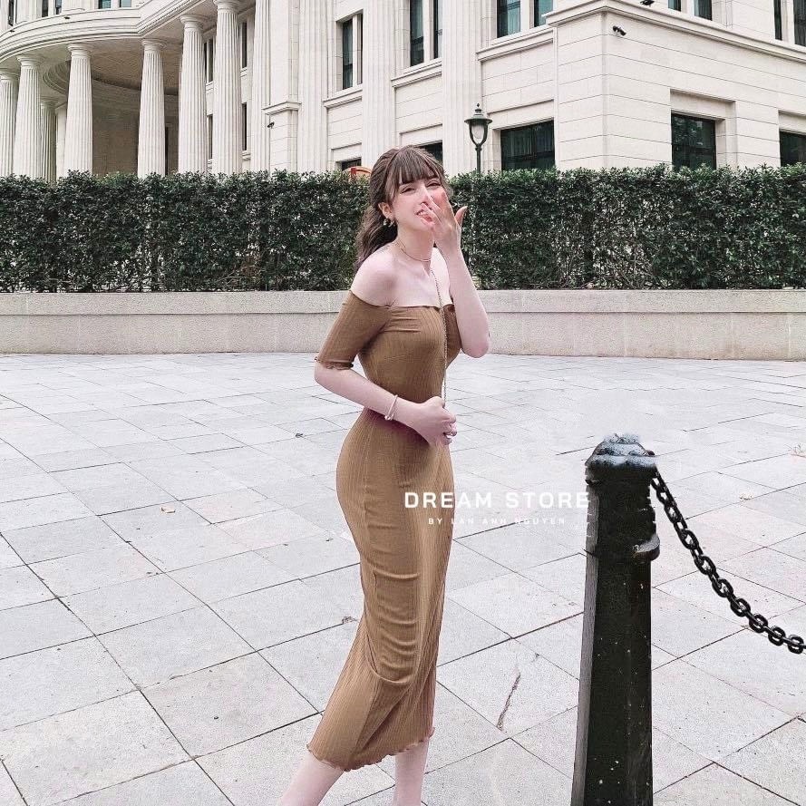 [MẪU MỚI] Đầm Body Trễ Vai Phom Dài Tay Ngắn Chất Thun Gân Thích Hợp Mặc Đi Tiệc Đi Làm Đi Chơi