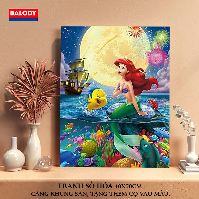 Tranh tô màu theo số,Tranh Sơn dầu Số hóa Nàng tiên cá 40x50cm BALODY1 có