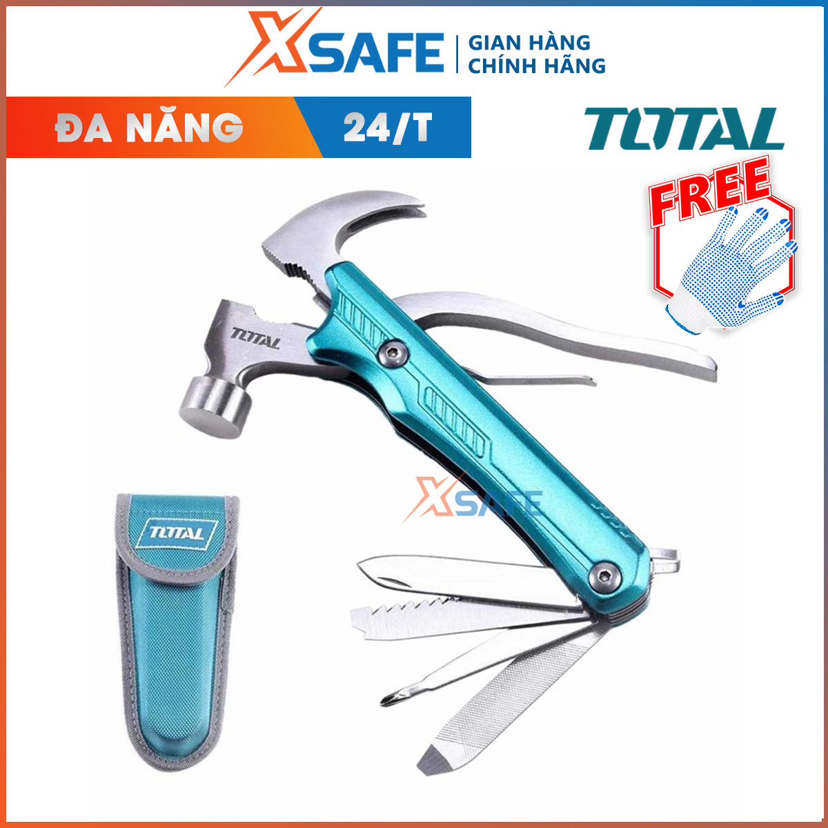 Multifunctional hammer total THMFH0126. Hammer 12 uses: 1 hammer spit studs, 1 nippers nose cleaner, 1 nippers dedicated, 1 nippers wire cutter, 1 knife, 1 saw wood, 1 knife hook corner, 1 screwdriver, 1 file metal, -Distribution genuine xsafe