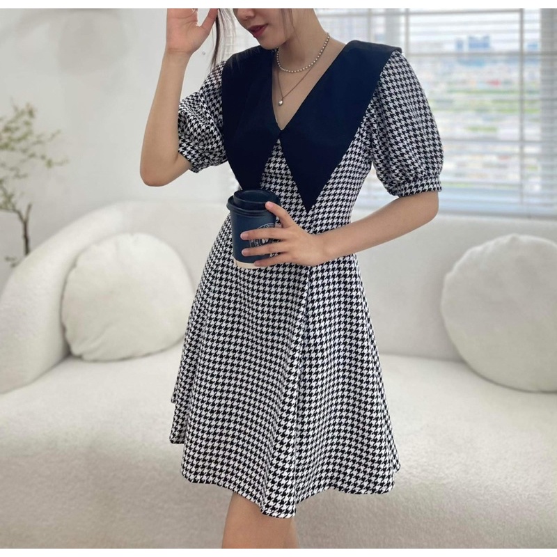 Đầm dạ bố caro phối cổ peter đen (có bigsize)