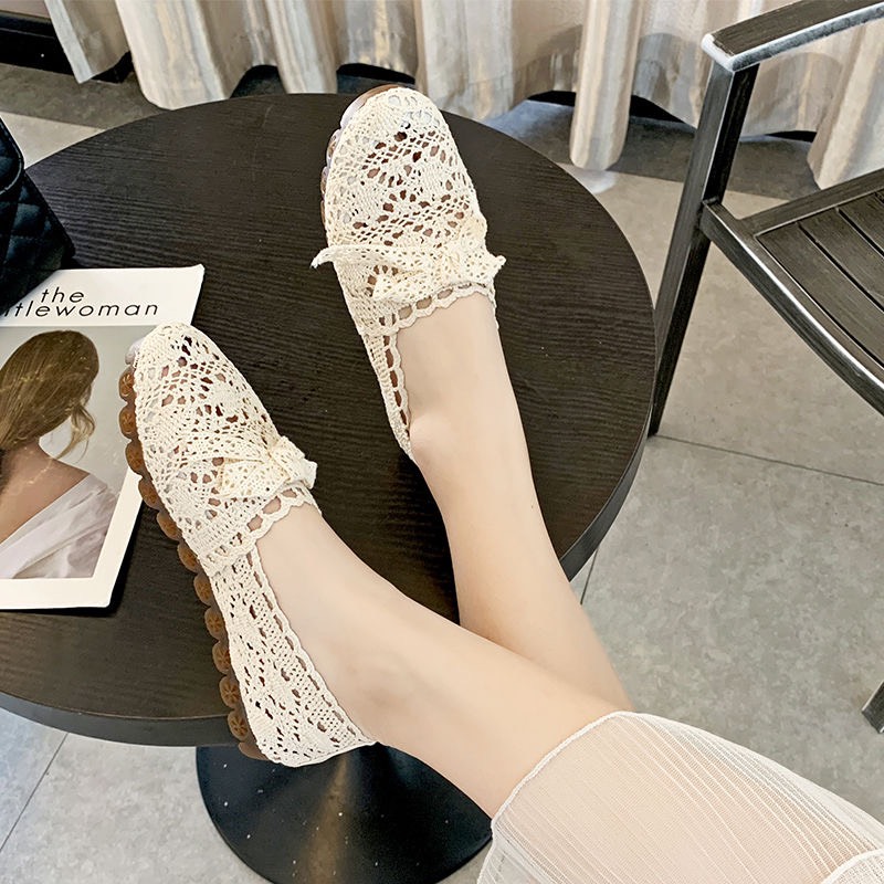 (Hàng Sẵn) Giày Búp Bê Ren Lưới Gắn Nơ Phong Cách Hàn