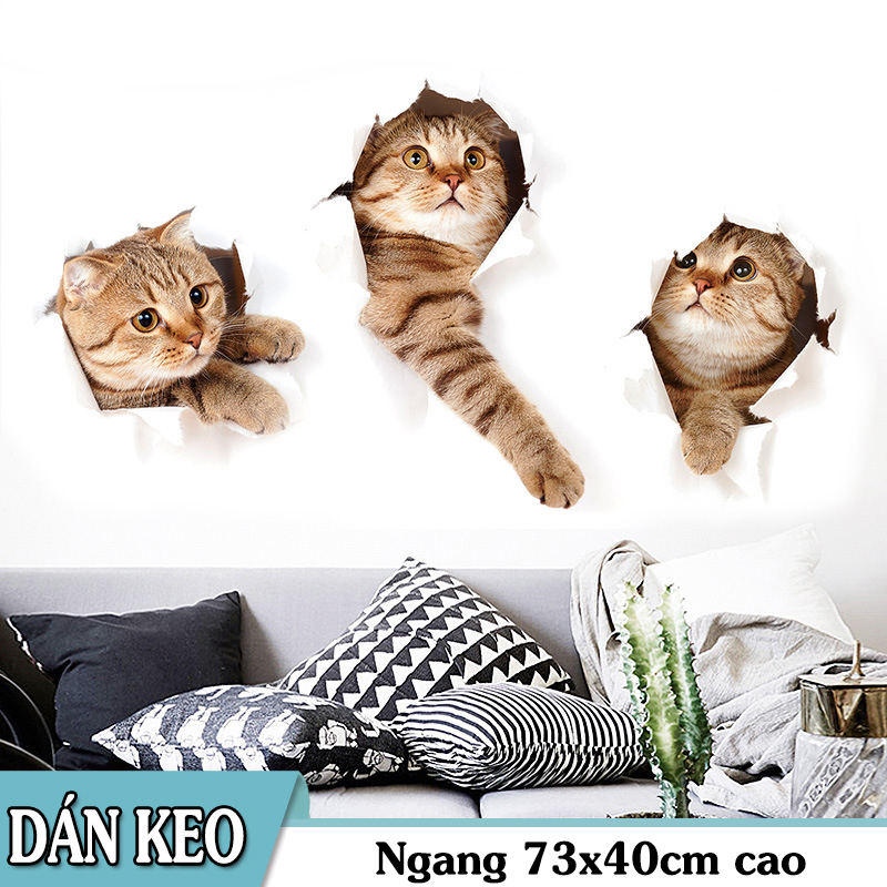 Decal trang trí tường - 3 Con Mèo 3D siêu phá