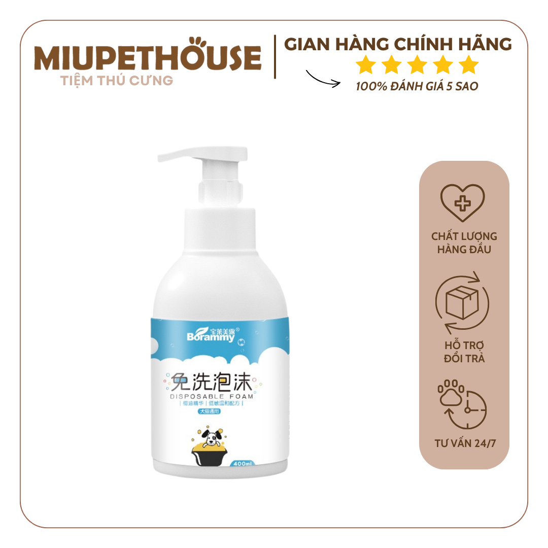 Bọt tắm khô borammy 400ml tinh chất dầu dừa làm sạch nhanh cho chó mèo