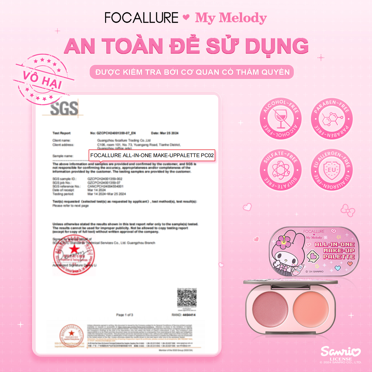 [FOCALLURE x Sanrio] Bảng Phấn Má Hồng 2 Màu Mịn Màng Bơ