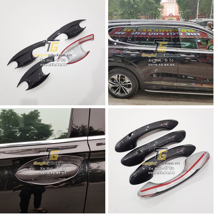 Bộ ốp tay nắm cửa, hõm cửa xe Hyundai Santafe 2021 vân Carbon