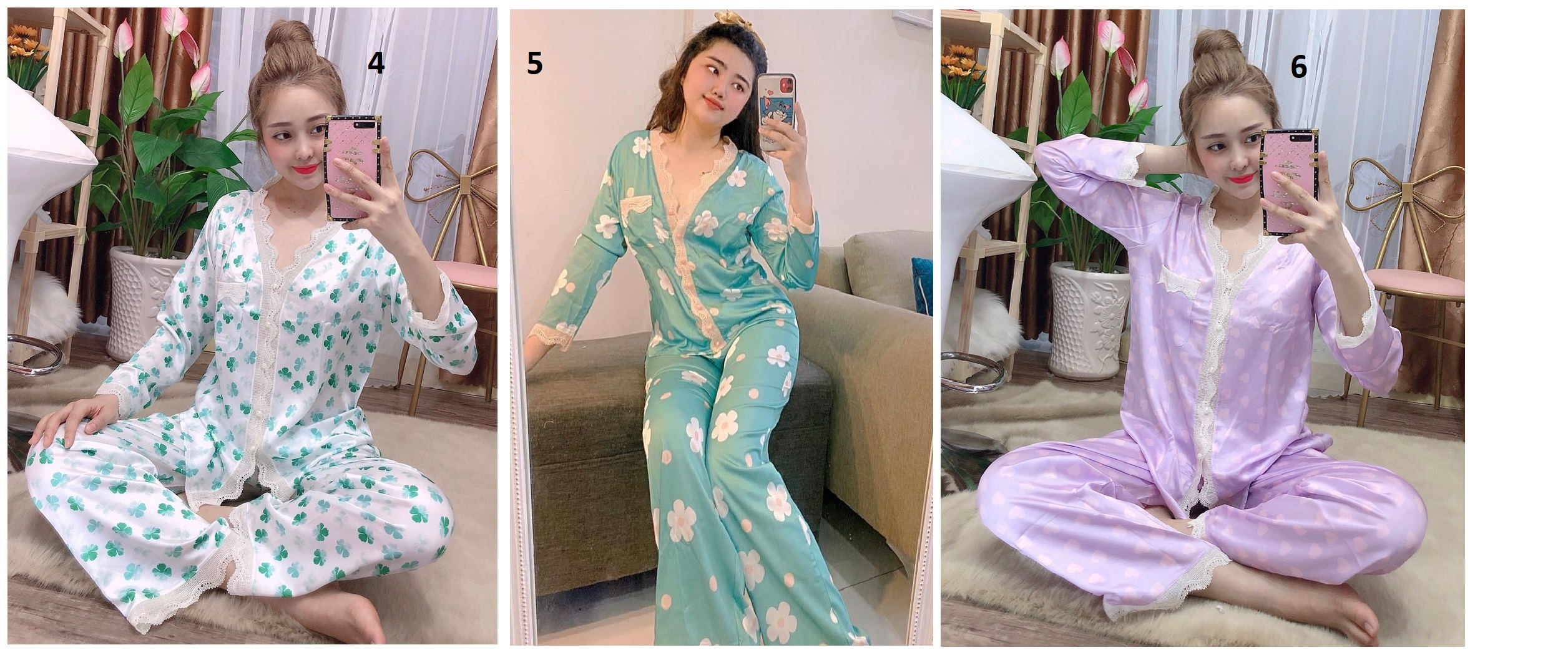 [HCM]Đồ Bộ Lụa Tơ Tằm Hoa Phối Ren