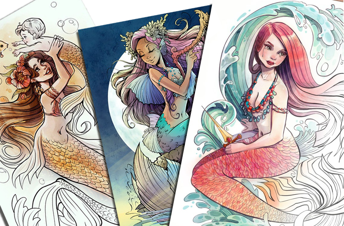 line art tranh tô màu nước chủ đề tiên cá combo 6 tranh, giấy dầy đẹp