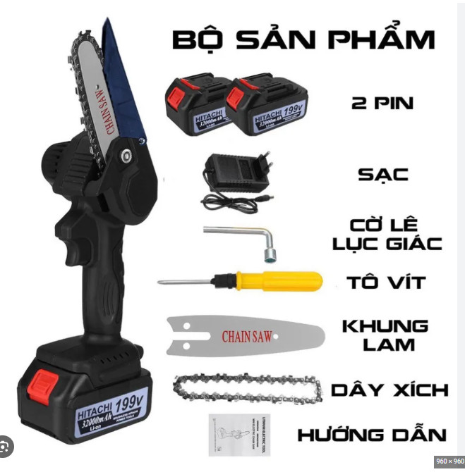 ( Hàng chính hãng HITACHI  bảo hành 12 tháng )Máy cưa xích cầm tay HITACHI, máy cưa gỗ mini HITACHI dùng pin 199V pin 10cell cắt gỗ tỉa cành cực bén