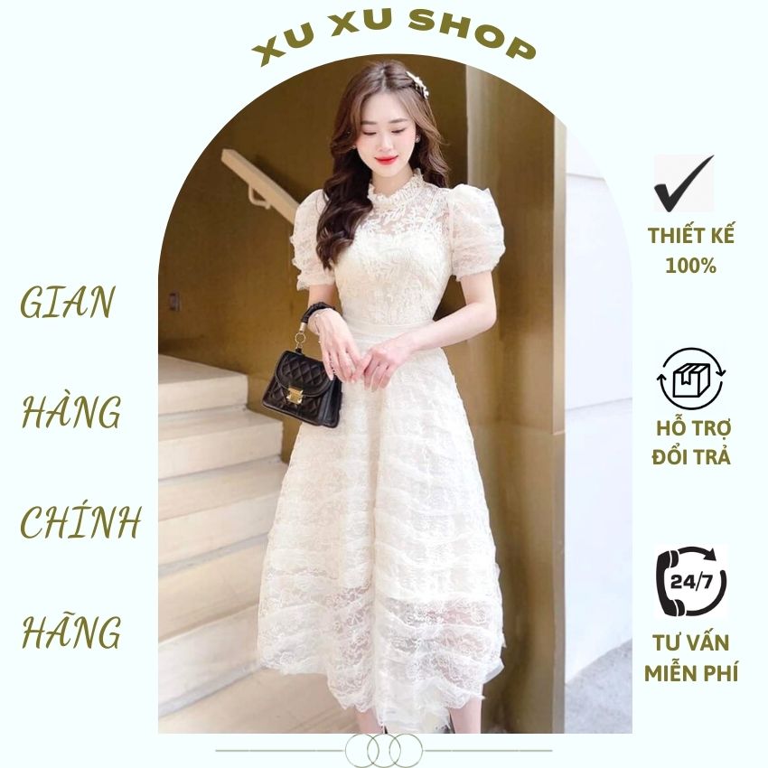 [FREESHIP 2022] Váy ren công chúa xòe bồng màu kem - XU XU SHOP - Đầm nữ đi ăn cưới, dự tiệc siêu xinh, có lót trong không lộ - ẢNH THẬT