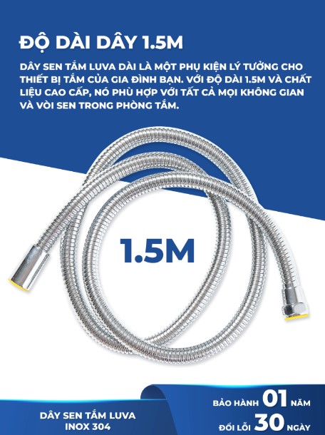 Dây Sen Tắm inox 304 Dài 1.5m, BH 1 Năm, Đổi Lỗi 30 Ngày, Lõi Đồng, Chống Xoắn