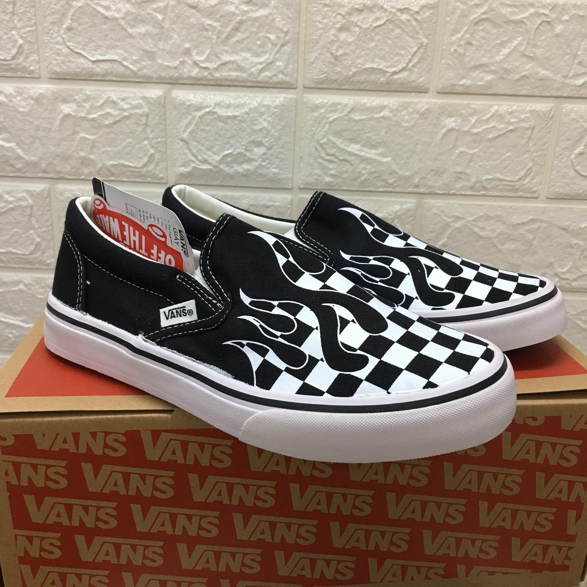 [SALE SỐC 3 ngày +TẶNG HỘP] Giày thể thao lười caro lửa ĐEN TRẮNG size 36-43