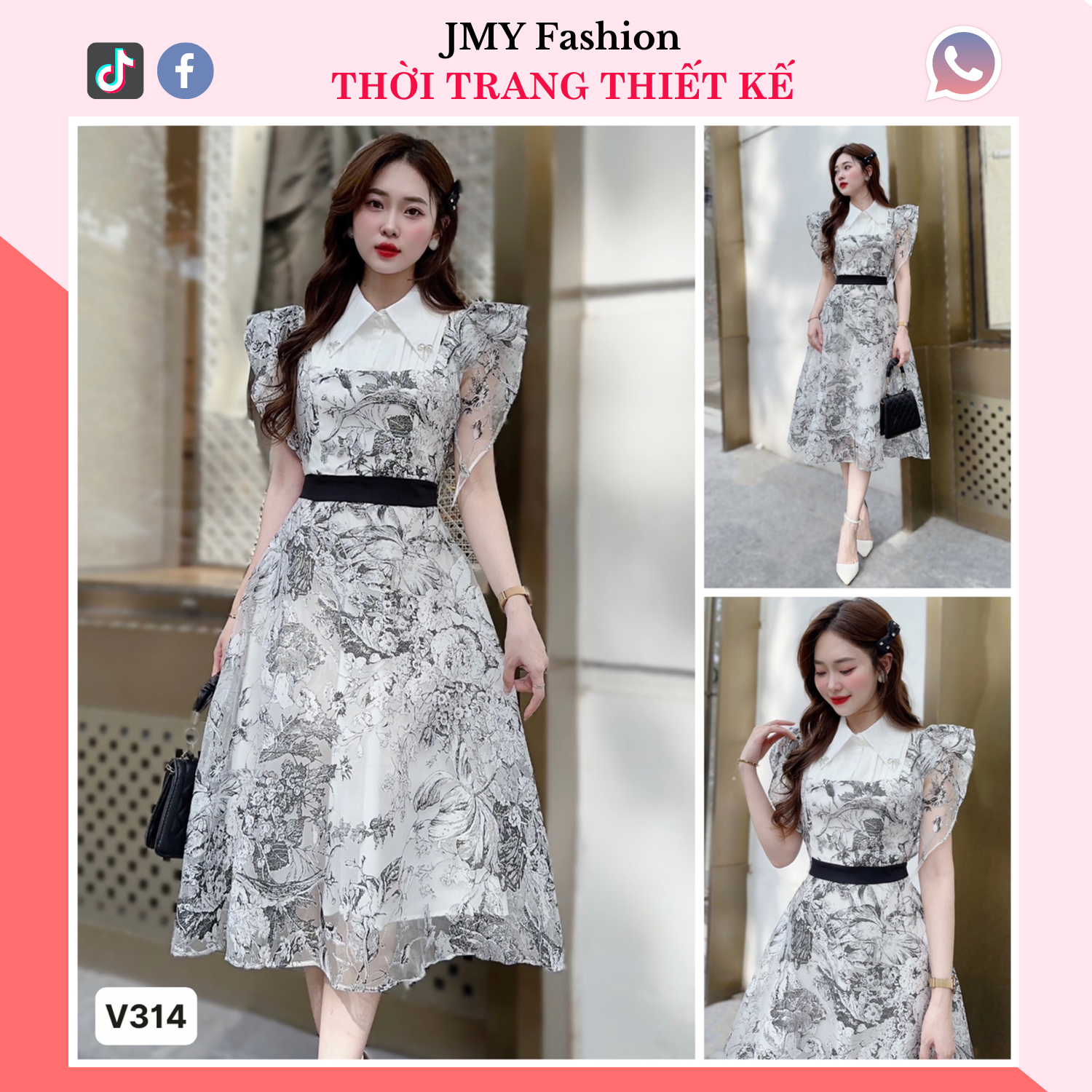 V314 Váy đen trắng sơ mi xoè dài vintage đầm sơ mi trắng cổ lá công sở